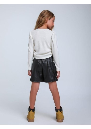 Kız Çocuk Fitilli Taş İşleme Yusufcuk Detaylı Bluz-14309 Ekru