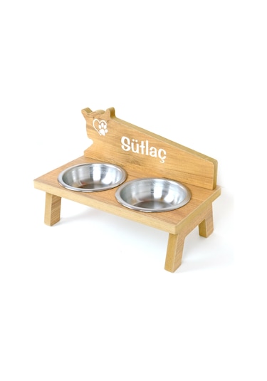 Realwood Ahşap Özel İsim Baskılı Çelik Kaseli Kedi Köpek Mama Su Kabı 450 ML
