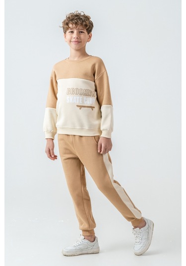 Erkek Çocuk Brooklyn Skat Clup Baskılı 3 İplik Kalın Kışlık Eşofman Takımı Ak4228 Bej