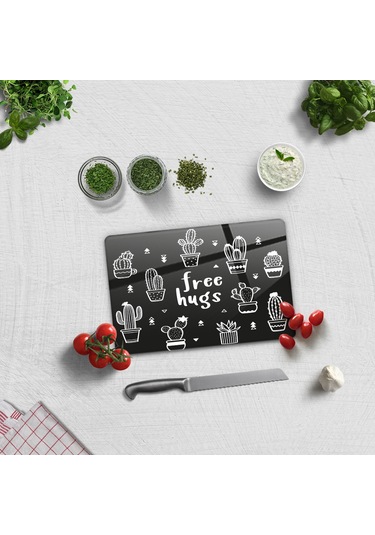 Decorita Cam Kesme Tahtası|Free Hugs-Siyah Fon|20cm x 30cm