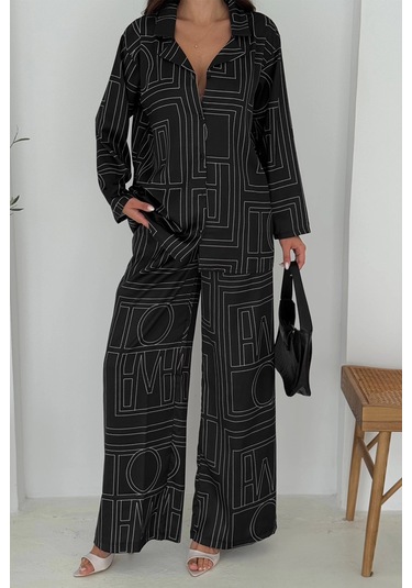 Geometrik Desen Modal Saten Takım Siyah Siyah