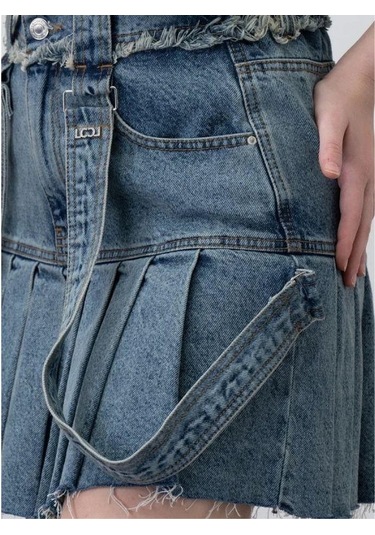 Kız Çocuk Askılı Pileli Tasarım Denim Etek-15535 Mavi