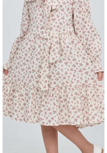 Kız Çocuk Fiyonk Yakalı Bel Kuşaklı Çiçek Desenli Kloş Etekli Elbise 12301 Gülkurusu