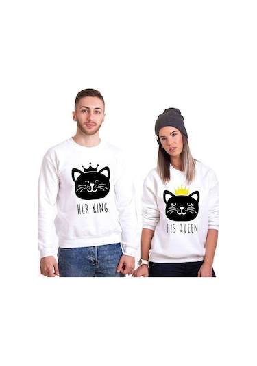Tshirthane Cat King Cat Queen Sevgili Kombinleri Unisex Sweat Kırık Beyaz