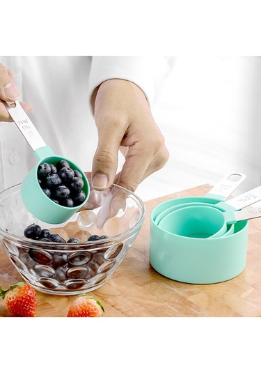 Neevoyu Kahve, Şeker, Yağ Ölçümü İçin 8 Parça Plastik+paslanmaz Çelik Kupa Ve Kaşık Seti - Mutfak Fırıncı Gereci Siyah