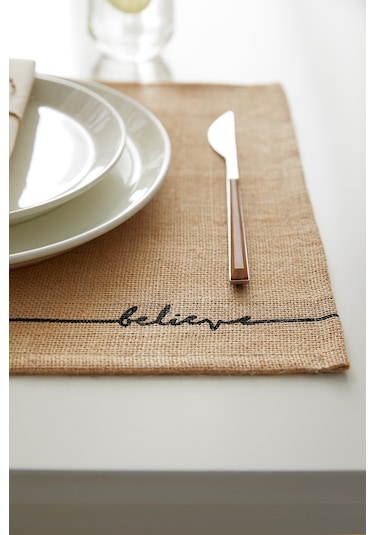 OceanHomeTextile Jüt Believe Baskılı Supla Amerikan Servisi 2 Adet 45 x 35 CM Bej