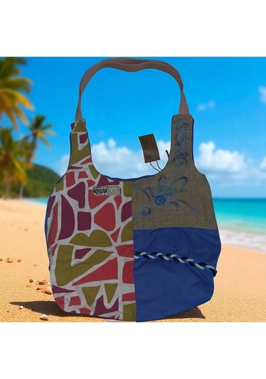 Vintage Renkli Salaş Etnik Orta Boy Plaj Günlük Kadın Kol Omuz Çantası 34 Cm X 37 Cm Lacivert