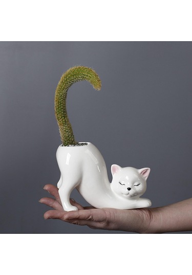 Suntek Magideal Karikatür Kedi Saksı Seramik Kapalı Açık Beyaz