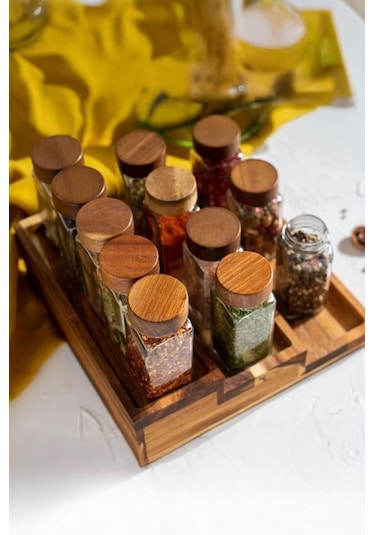 Akasya Kapaklı 12 Adet Cam Baharatlık Seti 120 Ml Ahşap