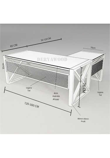 Deryawood Gold Masif Ahşap L Bilgisayar Masası Modüllü 240x85x76cm 80x75cm Yan Modül Açık Ceviz