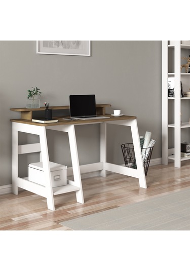 Country Ergonomik Çalışma Masası, Modern Bilgisayar Masası - Beyaz/Antik Ceviz