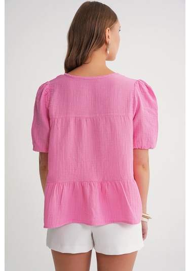 4715 Kadın Yakası Bağlamalı Kısa Kol Müslin Bluz Pembe Pembe