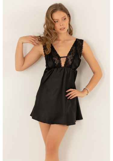 Faryanight Saten Dantelli Açık Sırt Detaylı Kalın Askılı Gecelik Siyah