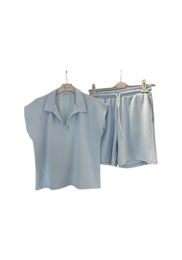 9007 Polo Yaka Tişört Şort Takım Buz Mavisi