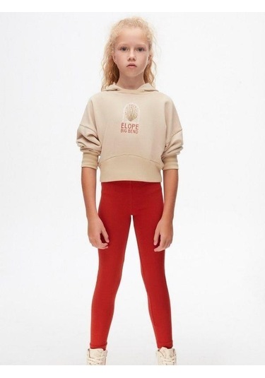 Kız Çocuk Pamuklu Orta Kalınlık Kapüşonlu Crop Sweatshirt-14707 Vizon