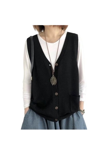 Siyah Kadın Örgü Yelek V Yaka Kolsuz Tek Sıralı Sıcak Yelek Düz Renk Bol Kesim Siyah