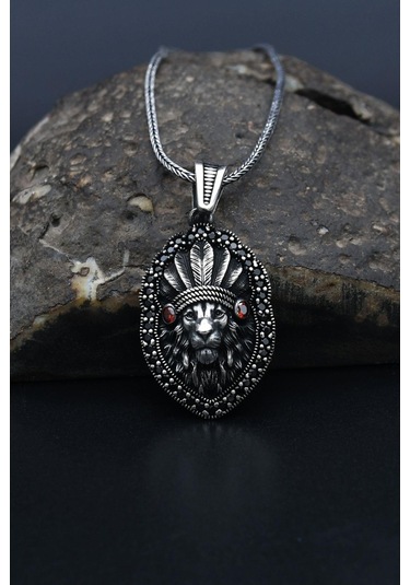 Kızılderili Aslan Figürlü 925 Ayar Erkek Gümüş Kolye Zincir 901306 Gümüş