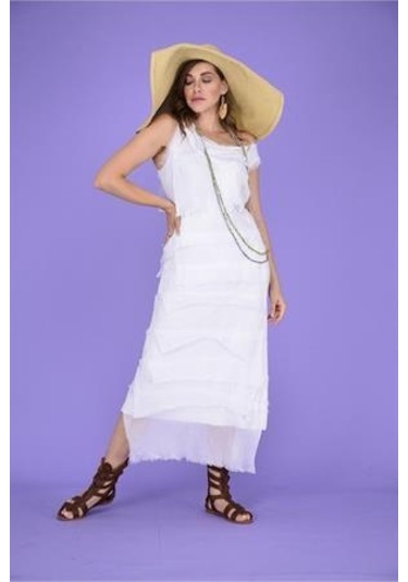 Italyan 2 Beden İnce Gösteren Kat Kat Kolsuz Ipek Elbise-8769 Beyaz