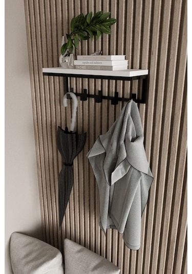 Aju Modern Portmanto Duvar Tipi Askılık Ve Raf Ceket Şemsiye Çanta Havlu Elbise Posta Hol Koridor Askısı Siyah