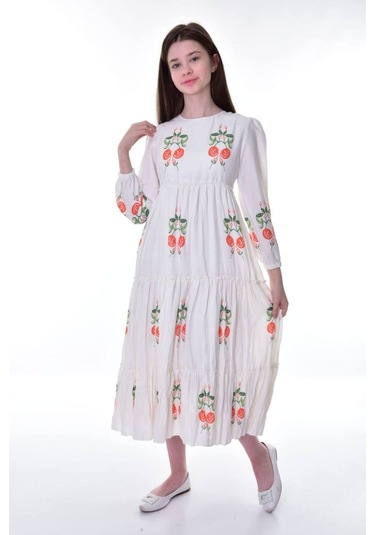 Kız Çocuk Pamuklu Keten Uzun Boydan Astarlı Elbise Koyu Turuncu-krem