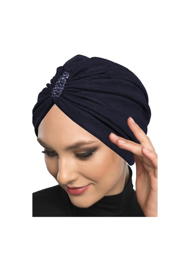 Dizayn Tüllü Kristal Taş İşlemeli Çift Taraflı Astarlı Lacivert Hazır Türban Tesettür Abiye Bone Lacivert