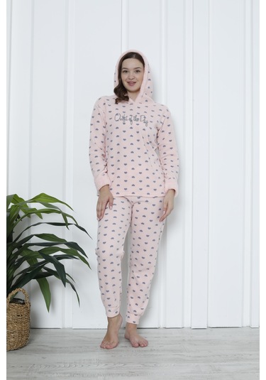 Fawn 3903 Peluş Welsoft Polar Kışlık Kapşonlu Kadın Pijama Takımı Soft Pembe