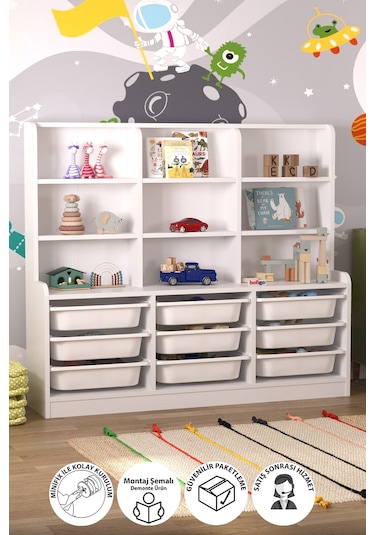 Bofigo 9 Sepetli 9 Raflı Dolap Çok Amaçlı Dolap Oyuncak Dolabı Almina Beyaz Beyaz