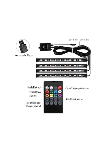 Araç İçi Ayak Altı Rgb 9 Led Kumandalı Oto Şerit Aydınlatma - 418154473