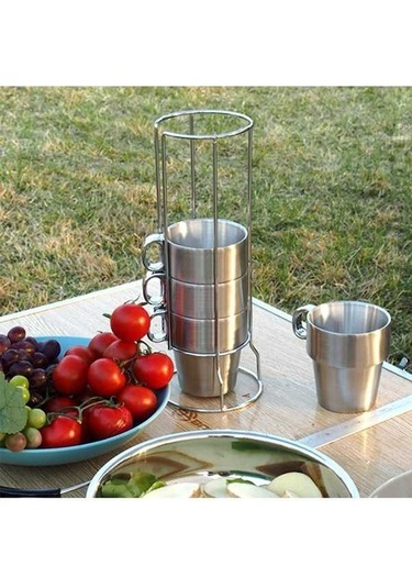 Ganzhoushop Taşınabilir Takım Sones Sıcak Piknik Paslanmaz Parçalı Kupası Kupaları Kahve İçme Hava Dört Çelik Çay Bardakları Pratik Açık Diğer