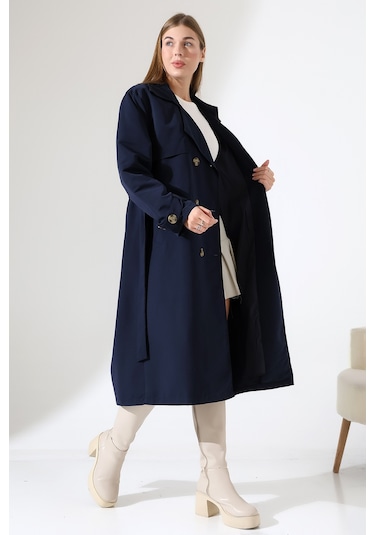 Amazon Keten Kumaş Diz Altı Yumuşak Dokulu Düğmeli Astarlı Trenç Kot Lacivert Lacivert