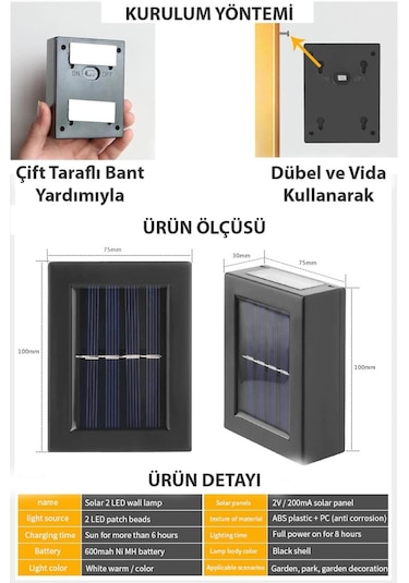 Trendpoint 1Adet Modern Solar Çift Taraflı Duvar Lamba Güneş Ener Diğer