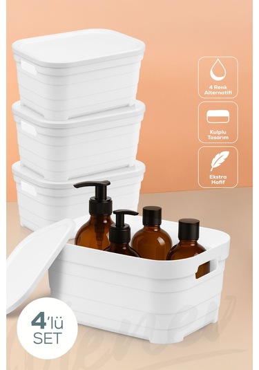 Vienev 4'lü Kapaklı 3,8 Litre Saklama Kutusu Beyaz Beyaz