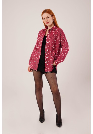 Eskitme Görünümlü Denim Bordo Gömlek Bordo