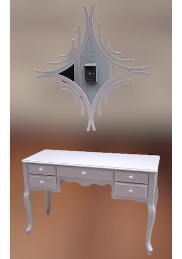 Dresuar Makyaj Masa 5 Çekmece Cnc Ayna Kayın Aslan Ayak Parlak Beyaz Lake El Yapımı Beyaz