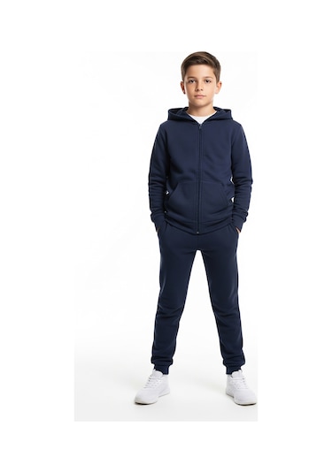 Fyk Kids Fermuarlı Kapüşonlu Kanguru Cepli Düz Baskısız Erkek Çocuk Eşofman Takımı 3'lü - Gri - Siyah - Lacivert