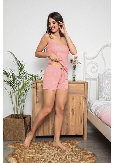 Kadın Pembe Puantiye Desenli Büstiyerli Dantel Detaylı Şortlu Pijama Takımı 20004 Pembe