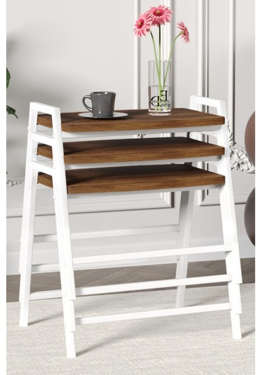 Zigon Sehpa , Aden 3'lü Tepsi Zigon Sehpa Takımı Beyaz Metal - Barok Tabla Beyaz-barok