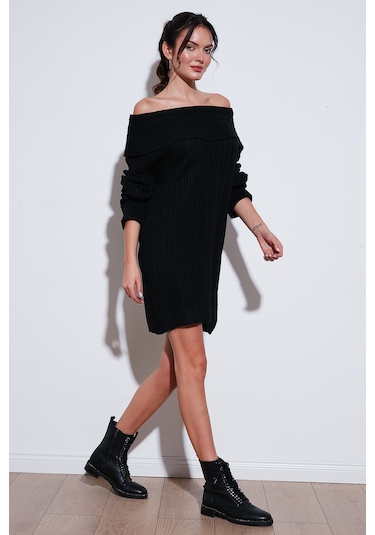 Lela Oversize Fit Kayık Yaka Uzun Kollu Mini Triko Bayan Elbise 4615218 Siyah