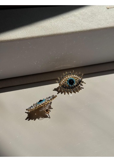 Göz Figürlü Nazar Boncuğu Detaylı Taşlı Küpe Altın Renk Kadın Çelik Takı Altın