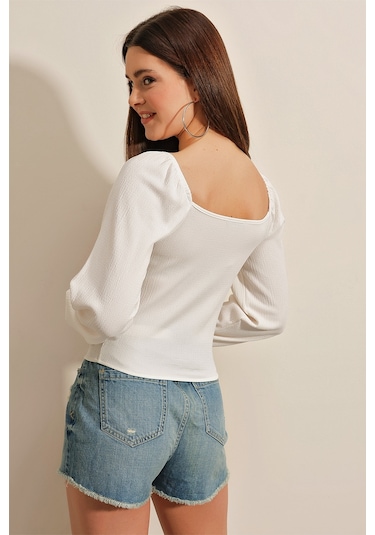 Bigdart 0465 Balon Kollu Örme Bluz - Beyaz 001