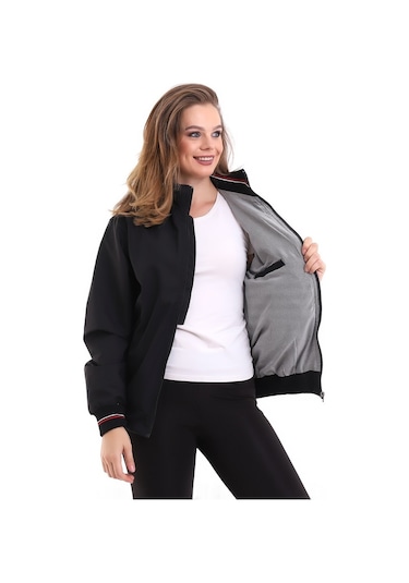 Euromoda Everest Kadın Mevsimlik Dik Yaka Astarlı Cepli Su İtici Oversize-Sıyah-Sıyah Siyah