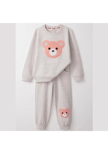 Kız Çocuk Ayıcık Nakışlı Pamuklu Eşofman Takım-14585 Gri