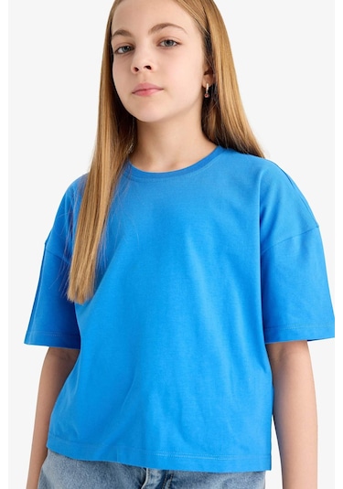Defacto Kız Çocuk Relax Fit Bisiklet Yaka Basic Düz Kısa Kollu Tişört Z5095a625smbe124 Mavi