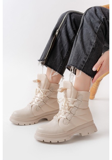 Asm-083 Bej Bağcıklı Su Geçirmez Kadın Kar Botu-bej Bej