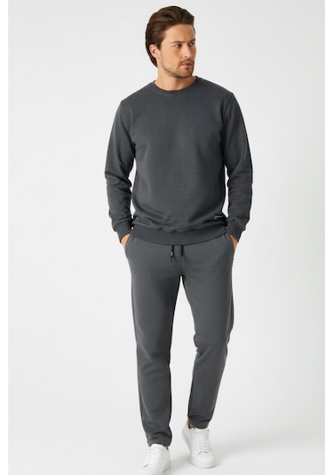 Antrasit Relaxed Fit Bisiklet Yaka Sweatshirt Düz Paça Erkek Eşofman Takımı Antrasit