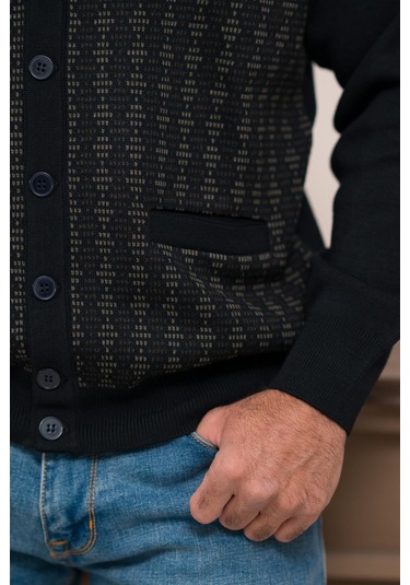 Woolen World Regular Fit V Yaka Ön Cepli Desenli Triko Hırka Lacivert