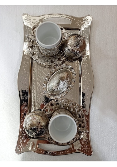 Osmanlı Motifli 2 Kişilik Kahve Fincan Takımı Gümüş İşlemeli