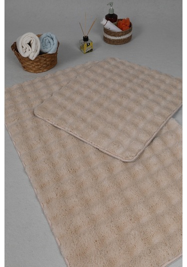 Modern Bubble Yıkanabilir Kaymaz Peluş Banyo Paspası Halısı 2'li Klozet Takımı 50x80-50x40cm Açık Bej