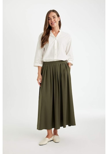 DeFacto A Kesim Basic Düz Belmando Maxi Etek D7672AX24AUKH438 Haki