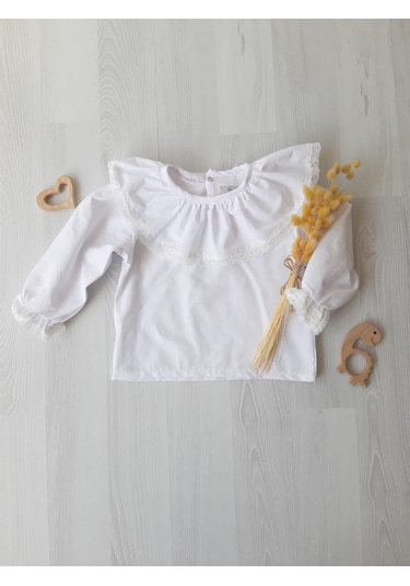 Beyaz Kız Bebek Fırfırlı Bebe Yaka Bluz-Beyaz